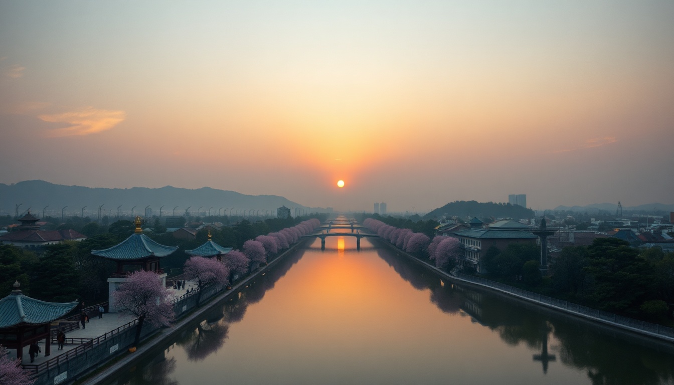 경주 벚꽃축제 - aerial view of Gyeongju cherry blossom festival along Bomun Lake, pink petals falling, spring scenery in Korea