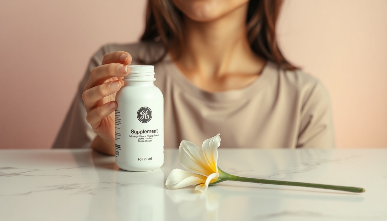 세라토판 - Korean woman upper body shot with face visible, reading supplement label with gentle smile, natural hands, soft home background