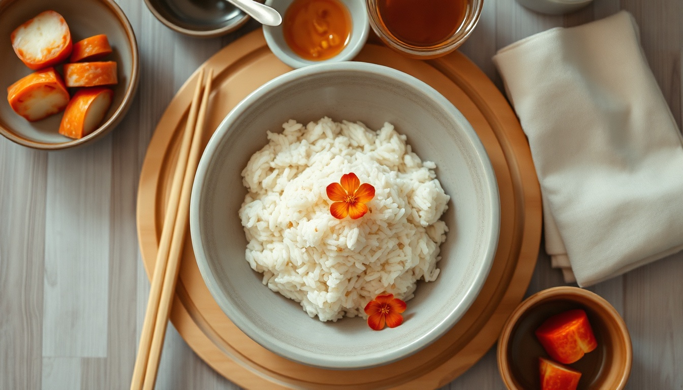 이천 산수유축제 - overhead view of traditional Korean meal with Icheon rice, spring flowers on wooden table, warm tone
