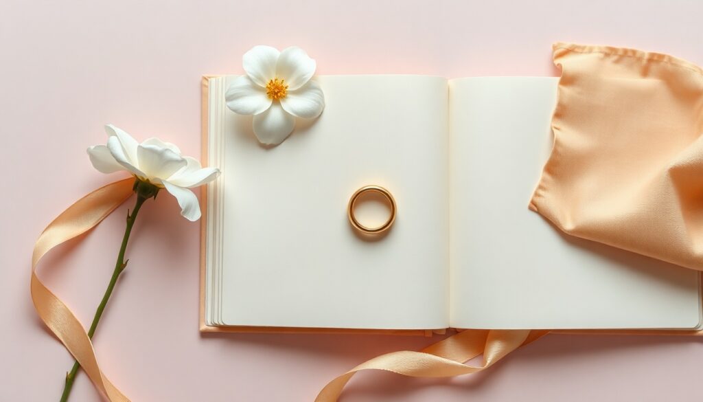 메리지블루 - flat lay of wedding ring, white flowers, and open journal on soft pastel background, marriage blue concept