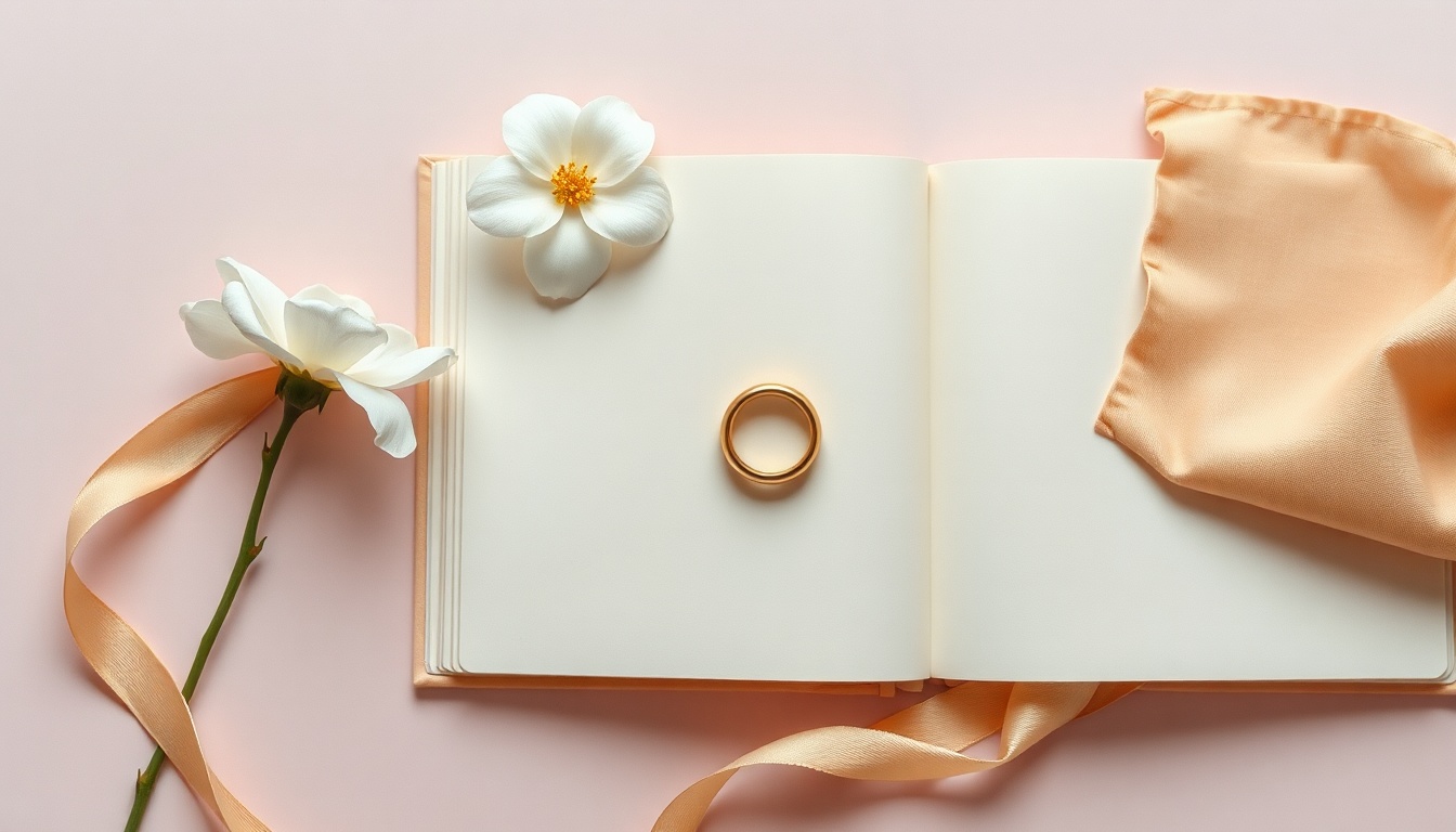 메리지블루 - flat lay of wedding ring, white flowers, and open journal on soft pastel background, marriage blue concept