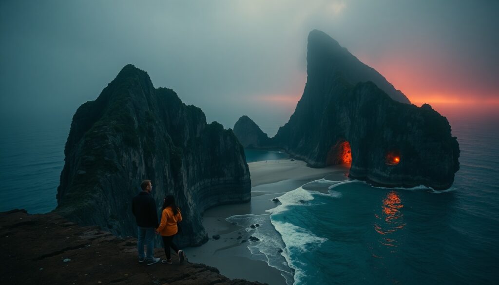 제주도 숨은 명소 여행 - aerial view of hidden beach in Jeju island with turquoise water and volcanic rocks, Jeju hidden travel spot