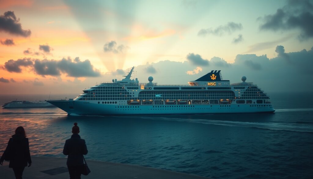 크루즈 톤급 - aerial view of massive luxury cruise ship MSC Bellissima on blue ocean, cruise tonnage concept, stunning scale