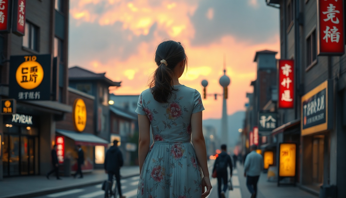 경주 벚꽃축제 - Korean woman in spring floral dress, upper body shot with face visible, standing under cherry blossom tree in Gyeongju, natural hands holding camera