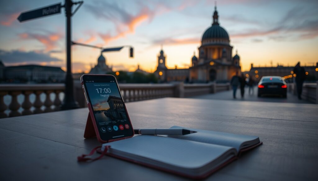 여행 계획은 - flat lay of smartphone showing travel app and open notebook with pen on pastel desk, travel planning concept