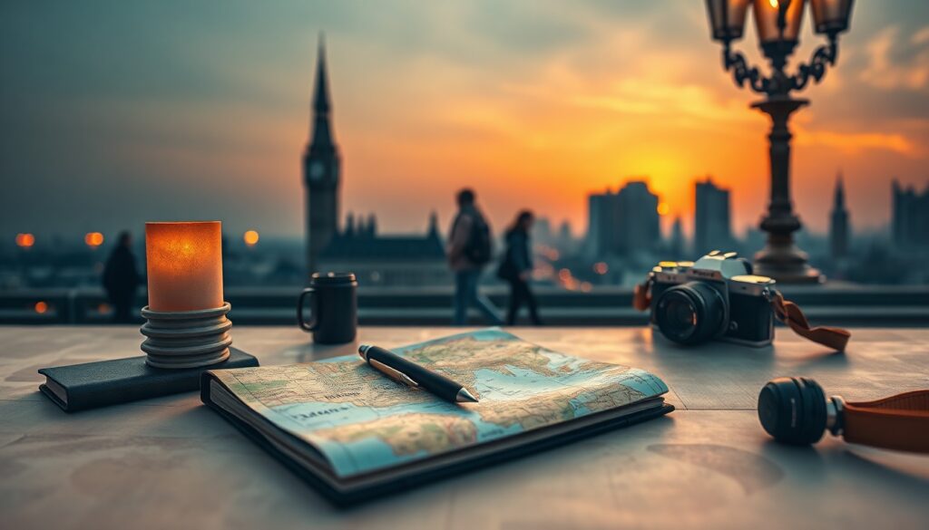국내 여행지 추천 여행 - flat lay of travel essentials including map notebook and camera on pastel background, domestic travel recommendation concept