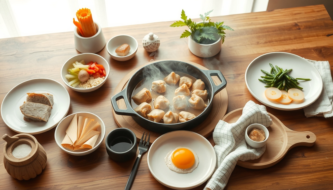 집밥 메뉴 추천 - flat lay of Korean home-cooked meal ingredients on wooden kitchen table, home cooking meal recommendation concept, warm and cozy atmosphere