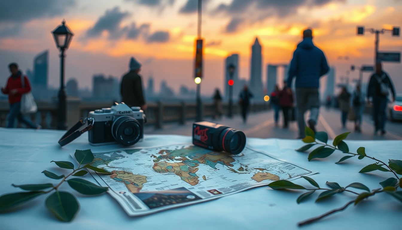 국내 여행지 추천 여행 - flat lay of travel essentials including map, camera, and green leaves on white background, domestic travel recommendation concept