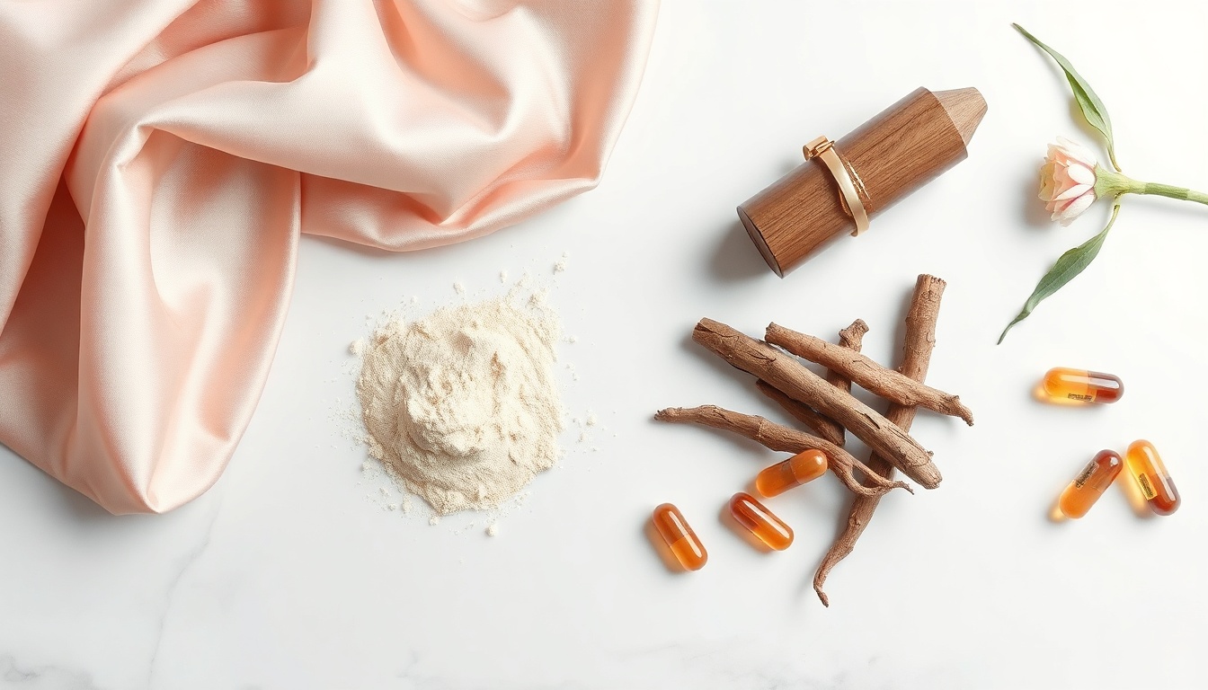 아쉬아간다효능 - flat lay of ashwagandha powder, roots, and capsules on white marble background, natural herbal supplement concept