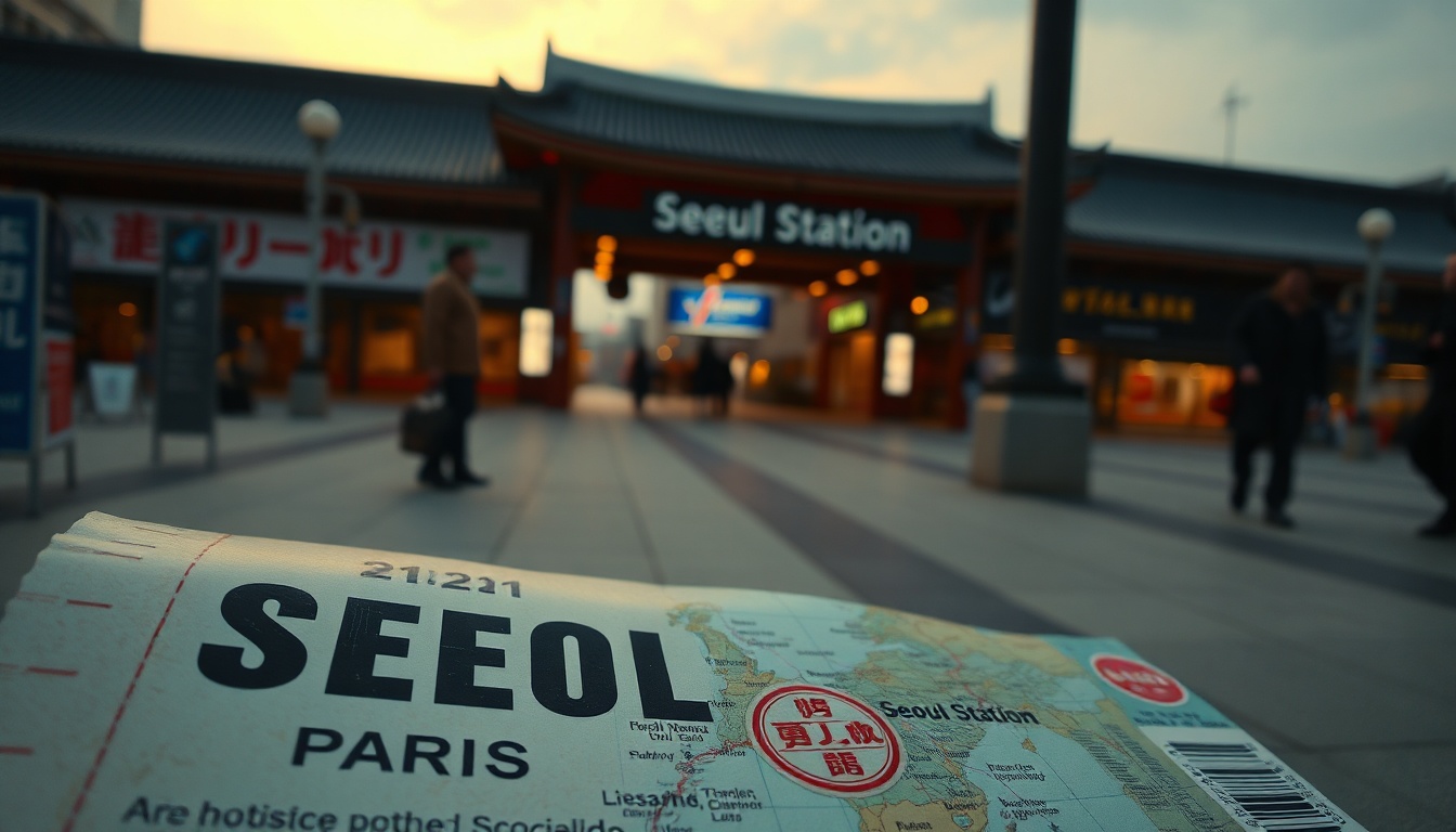 서울역에서 파리행 - flat lay of vintage train ticket and old map of Seoul Station with Paris destination label, travel nostalgia concept