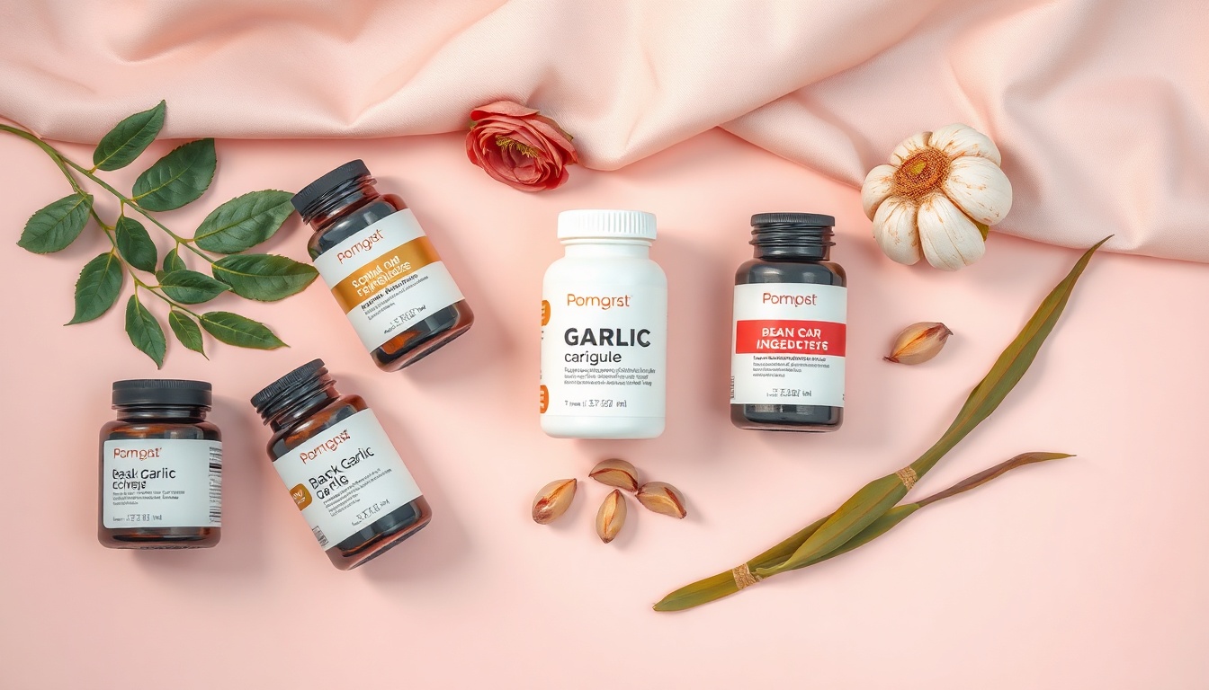 흑화랑 - flat lay of various black garlic health supplements and natural ingredients on wooden background, heukHwaRang health product concept
