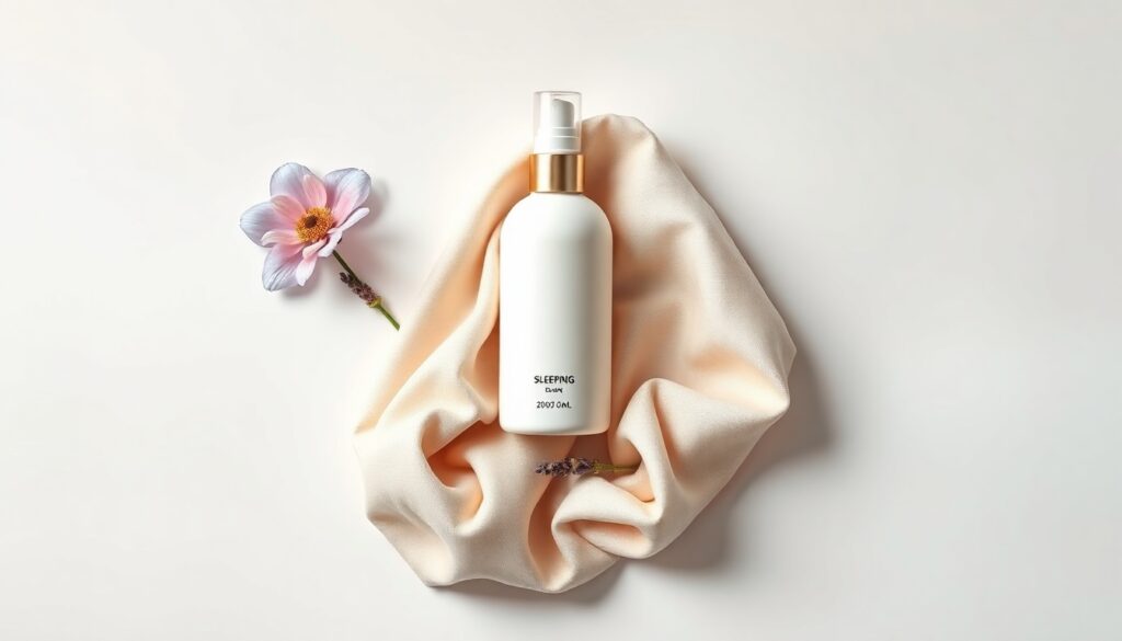 슬리핑보틀 - flat lay of sleeping bottle with lavender and soft fabric on white background, sleep wellness concept