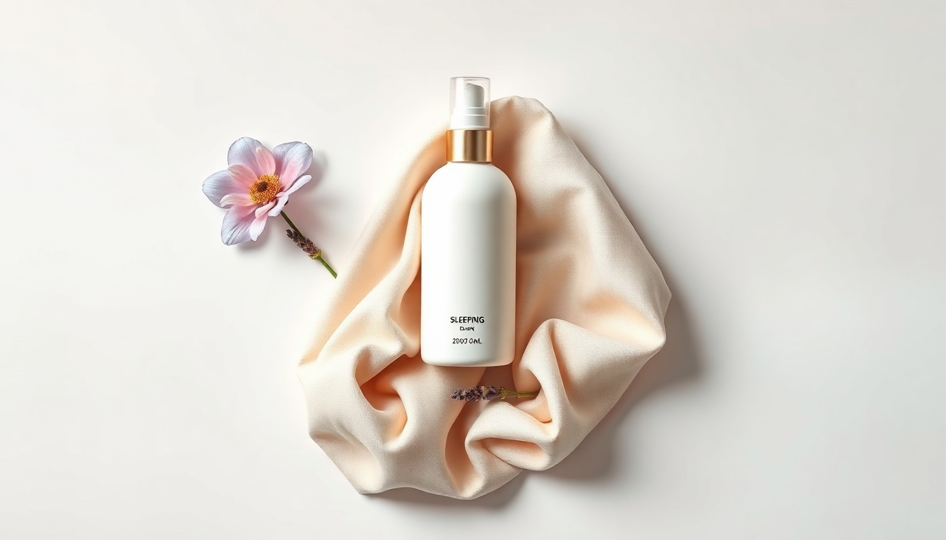 슬리핑보틀 - flat lay of sleeping bottle with lavender and soft fabric on white background, sleep wellness concept