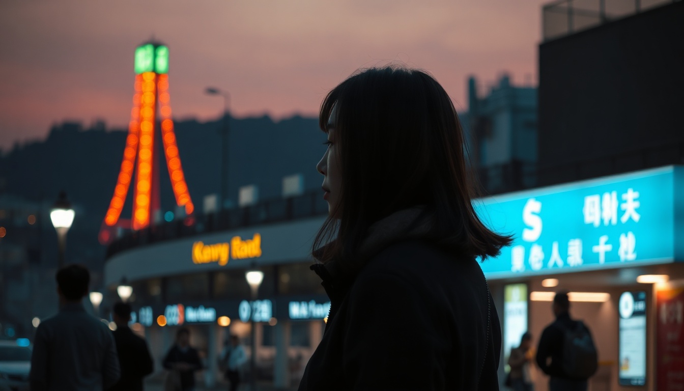 르포 해운대서 - Korean woman full body shot with face visible, standing at Gwangalli Beach Busan at night with drone show lights in background, natural hands holding phone