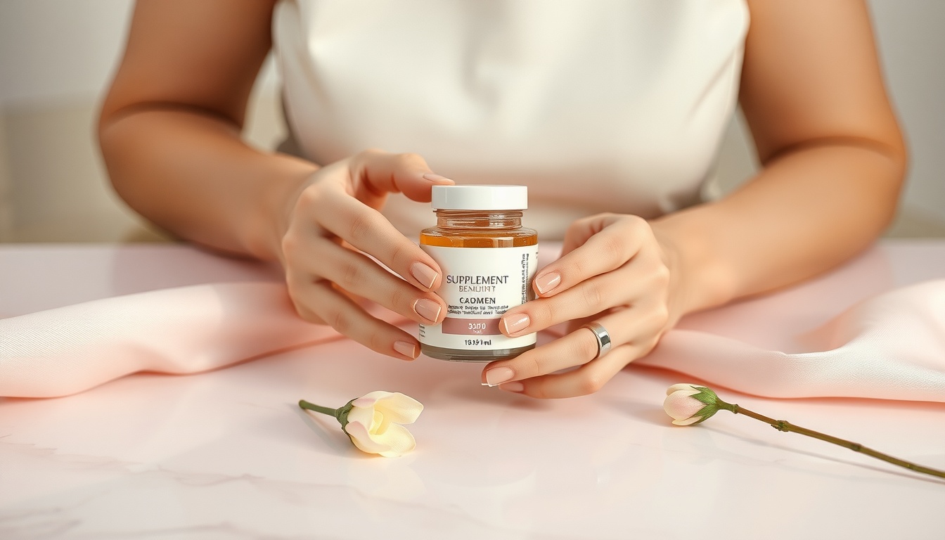 포스파티딜세린 - Korean woman in her 30s upper body shot with face visible, holding supplement capsules with natural hands, bright lifestyle background