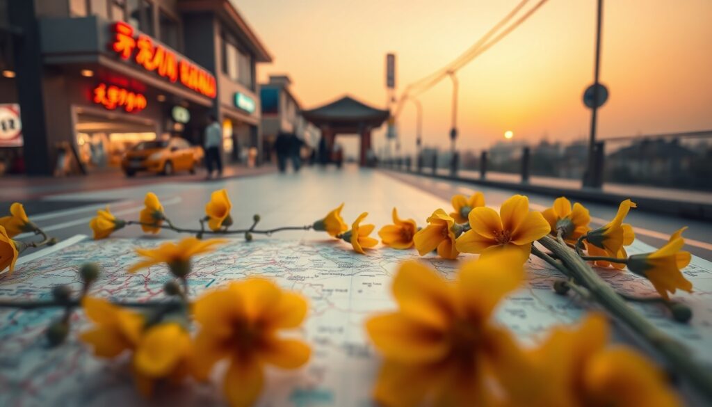 이천 산수유축제 - flat lay of yellow sansuyu flowers and travel map on white background, Icheon sansuyu festival spring concept