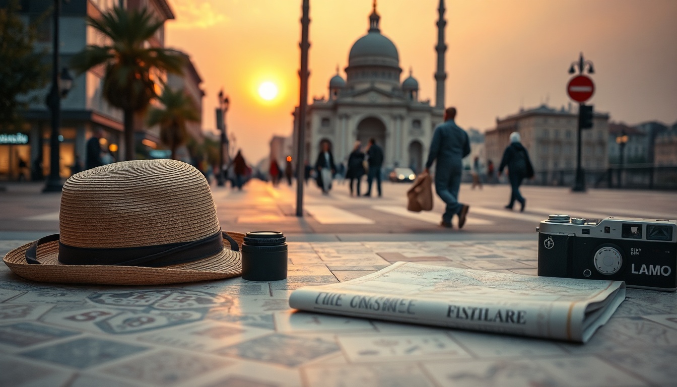 국내 여행지 추천 여행 - flat lay of travel essentials including map, sunhat, and camera on pastel background, domestic travel recommendation concept