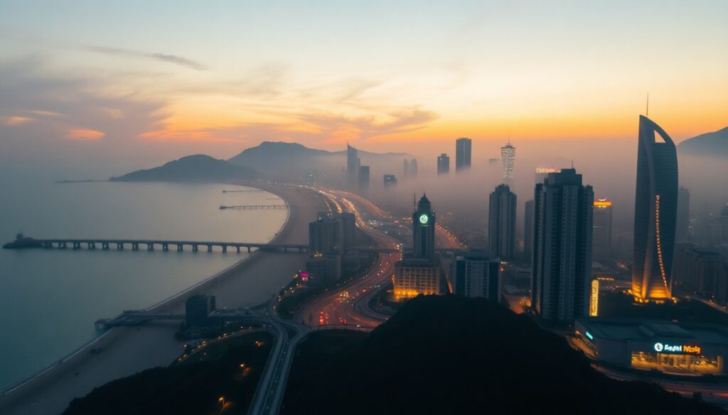부산 여행 코스 여행 - aerial view of Busan travel course landscape including Haeundae beach and city skyline at golden hour
