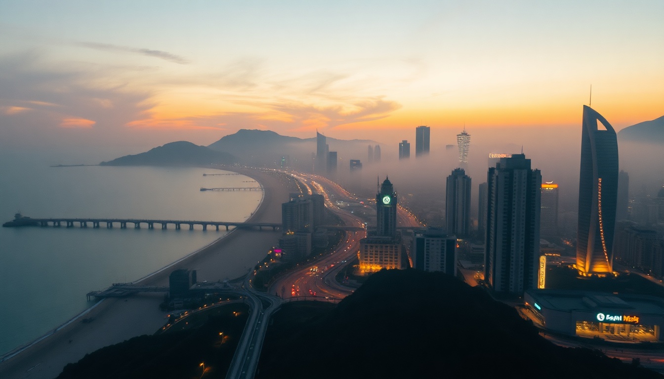 부산 여행 코스 여행 - aerial view of Busan travel course landscape including Haeundae beach and city skyline at golden hour