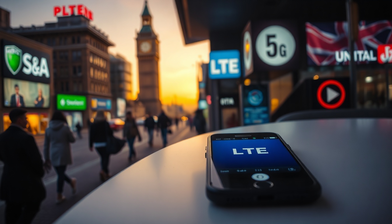 5G LTE 변경 - flat lay of smartphone showing 5G and LTE signal icons on white desk, mobile plan comparison concept
