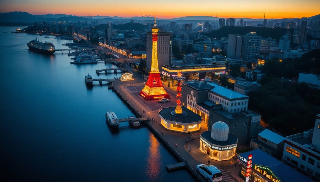 항공 제주항공 - aerial view of Kobe city Japan with ocean and port, scenic travel destination shot