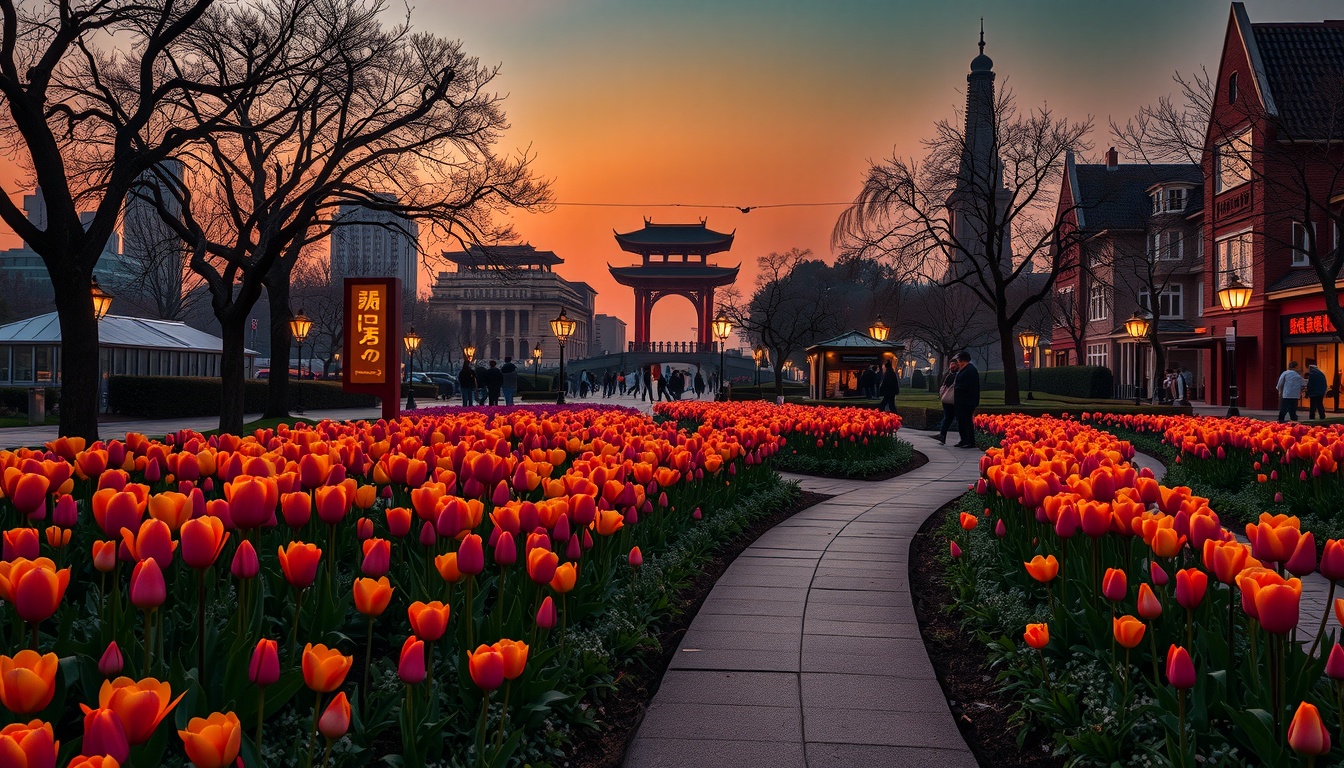 부모님이 사진 - colorful Korean flower garden with European-style pathways, vibrant tulips and roses, golden hour lighting, flat landscape photography, no people