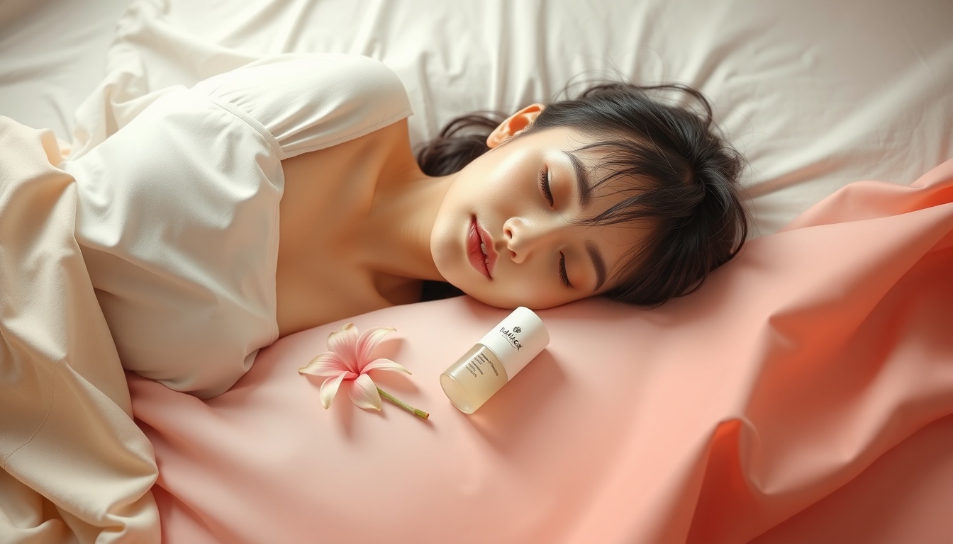 뉴트리코어멜라토닌 - Korean woman upper body shot with face visible, lying in bed with soft lighting, peaceful sleep wellness routine concept, natural hands