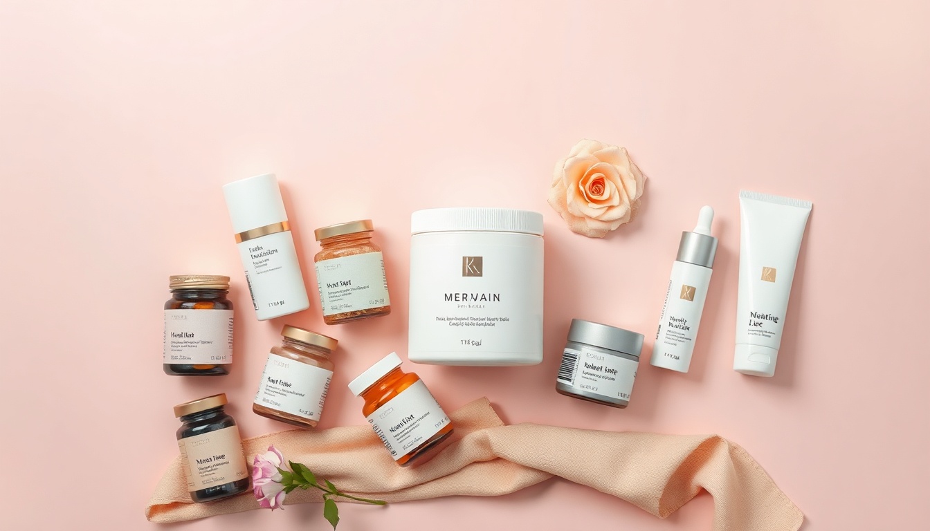 힐린세라토판 - flat lay of various health supplements, skincare products, and a morning wellness routine setup on pastel pink background, hillin ceramide taurine concept