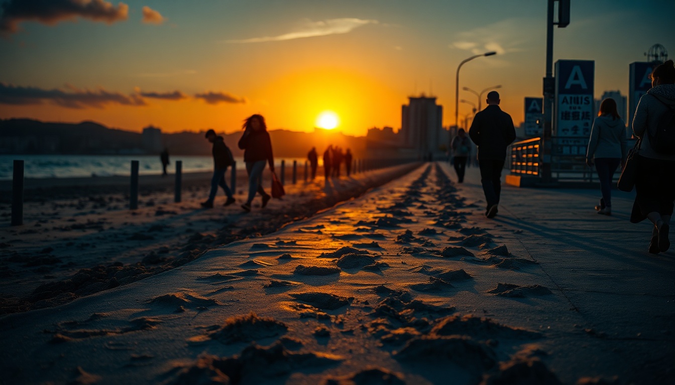 실미 유원지 - scenic view of Silmi Yuwonji sandy beach path revealed at low tide, golden sunlight, peaceful island atmosphere