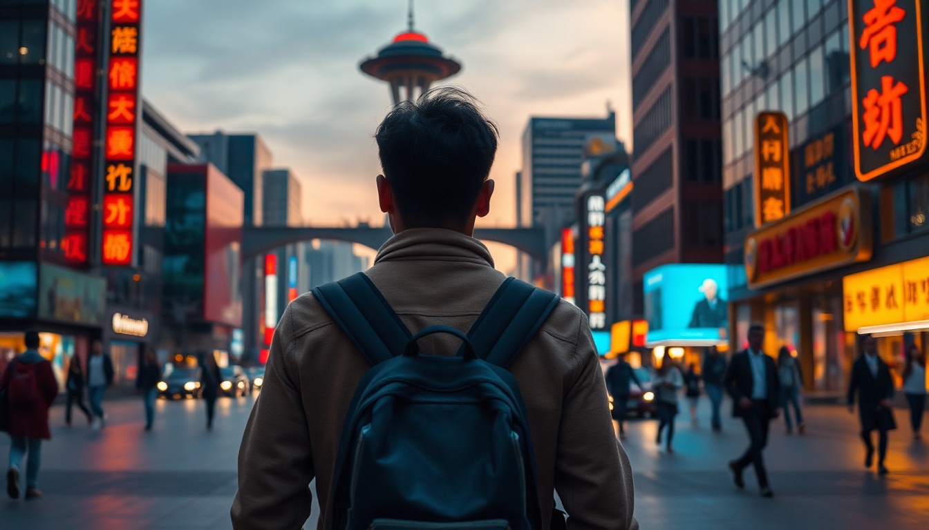 중국 기술의 - traveler full body shot with face visible, standing in front of modern Shenzhen tech district buildings, natural hands holding camera