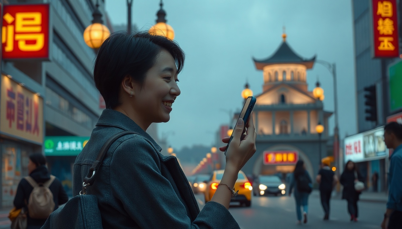 비행기표싸게사는법 - Korean woman upper body shot with face visible, smiling while using smartphone to search for cheap flights, natural hands, bright minimal background