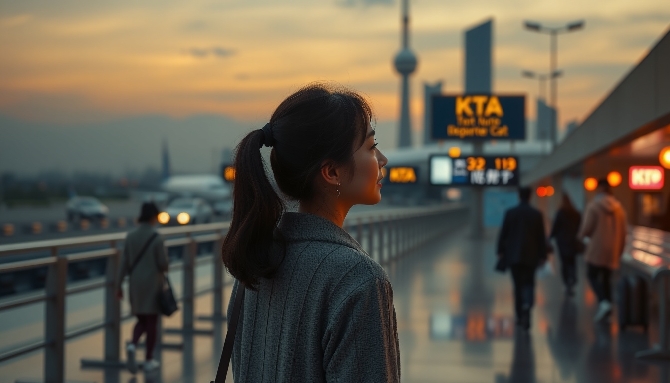 1박2일 해외여행 - Korean woman full body shot with face visible, standing at airport departure gate with small carry-on luggage, excited expression, natural hands