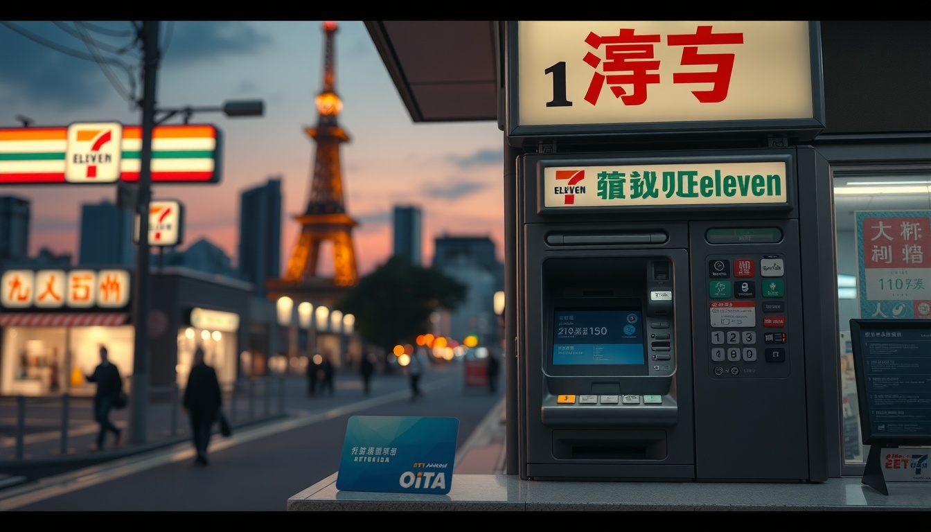 일본 여행 2026 엔화 환율 절약 방법 - Japanese convenience store Seven Eleven ATM and travel card on counter, Japan travel money saving tips