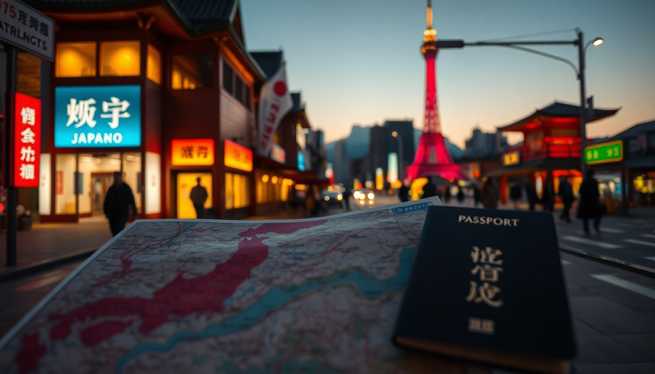일본 여행 오사카 vs 도쿄 솔직 비교 후기 - flat lay of Japan travel essentials including map of Osaka and Tokyo, passport, and cherry blossom on white background