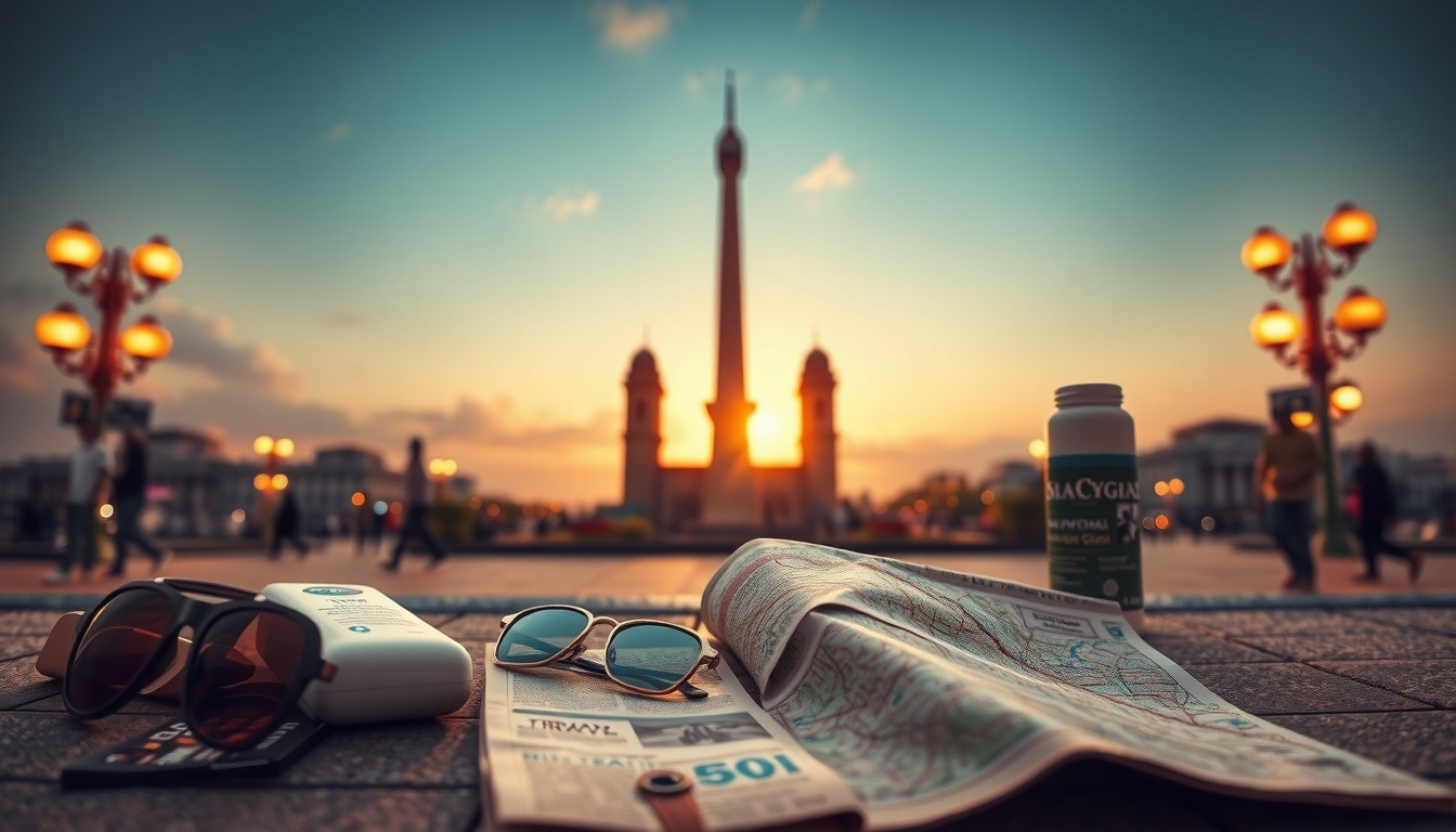 여름맞이 숙박세일 - flat lay of summer travel essentials including sunscreen, map, and sunglasses on white background, summer accommodation sale concept