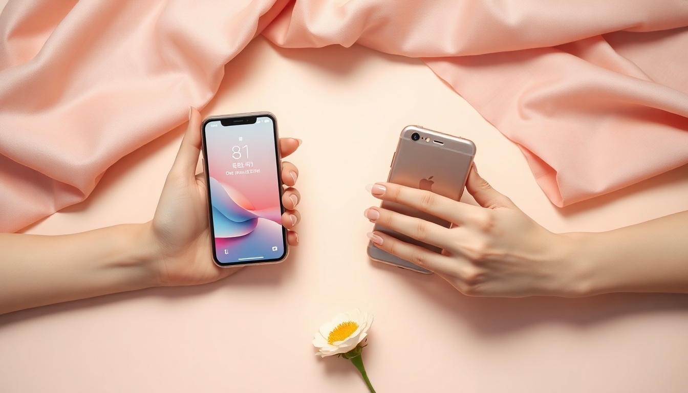유플러스폰 교체 - Korean woman upper body shot with face visible, comparing smartphones in a bright modern store, natural hands, warm lighting