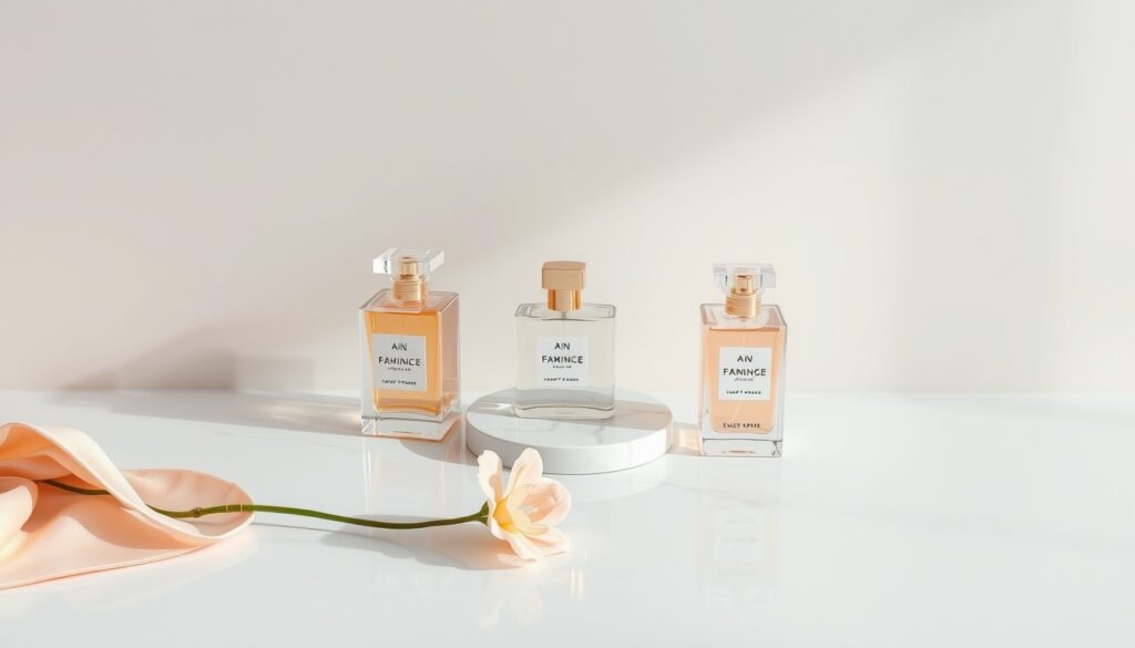 향수 추천 - flat lay of luxury perfume bottles on white marble desk, feminine fragrance recommendation concept, soft pastel tones