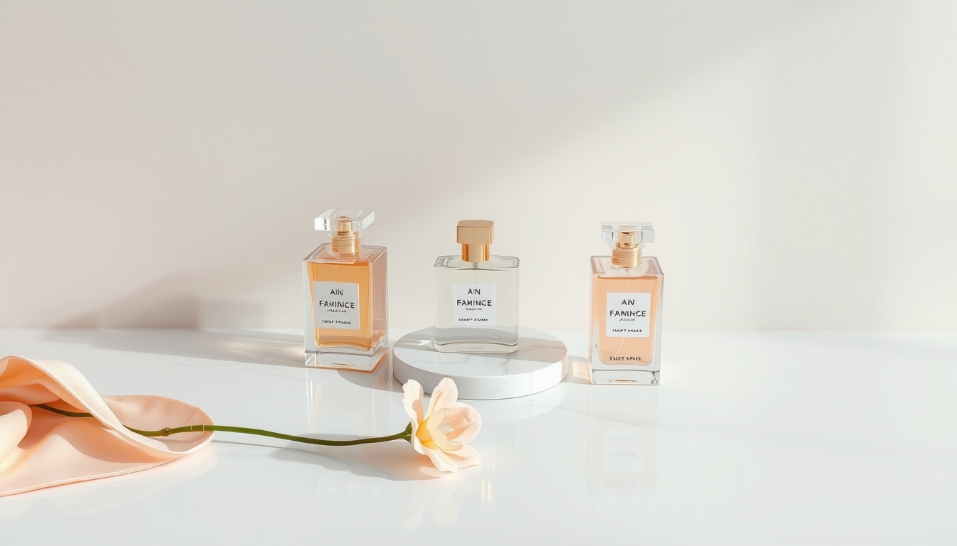 향수 추천 - flat lay of luxury perfume bottles on white marble desk, feminine fragrance recommendation concept, soft pastel tones