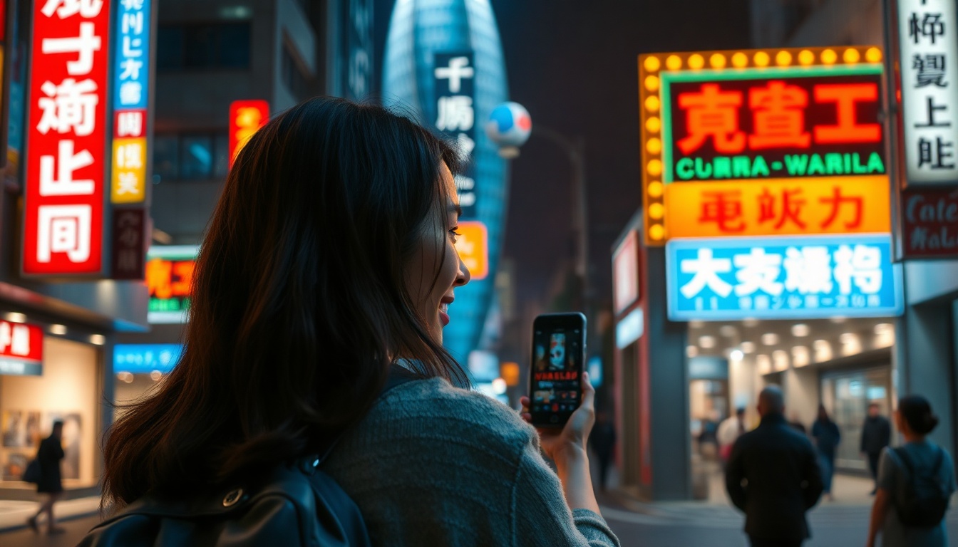 여행 계획은 - Korean woman upper body shot with face visible, smiling while using smartphone to check travel review app, with coffee cup on wooden table, natural hands