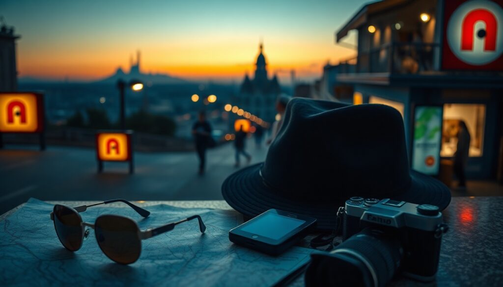 국내 여행지 추천 여행 - flat lay of travel essentials including map, sunglasses, hat and camera on pastel background, domestic travel recommendation concept