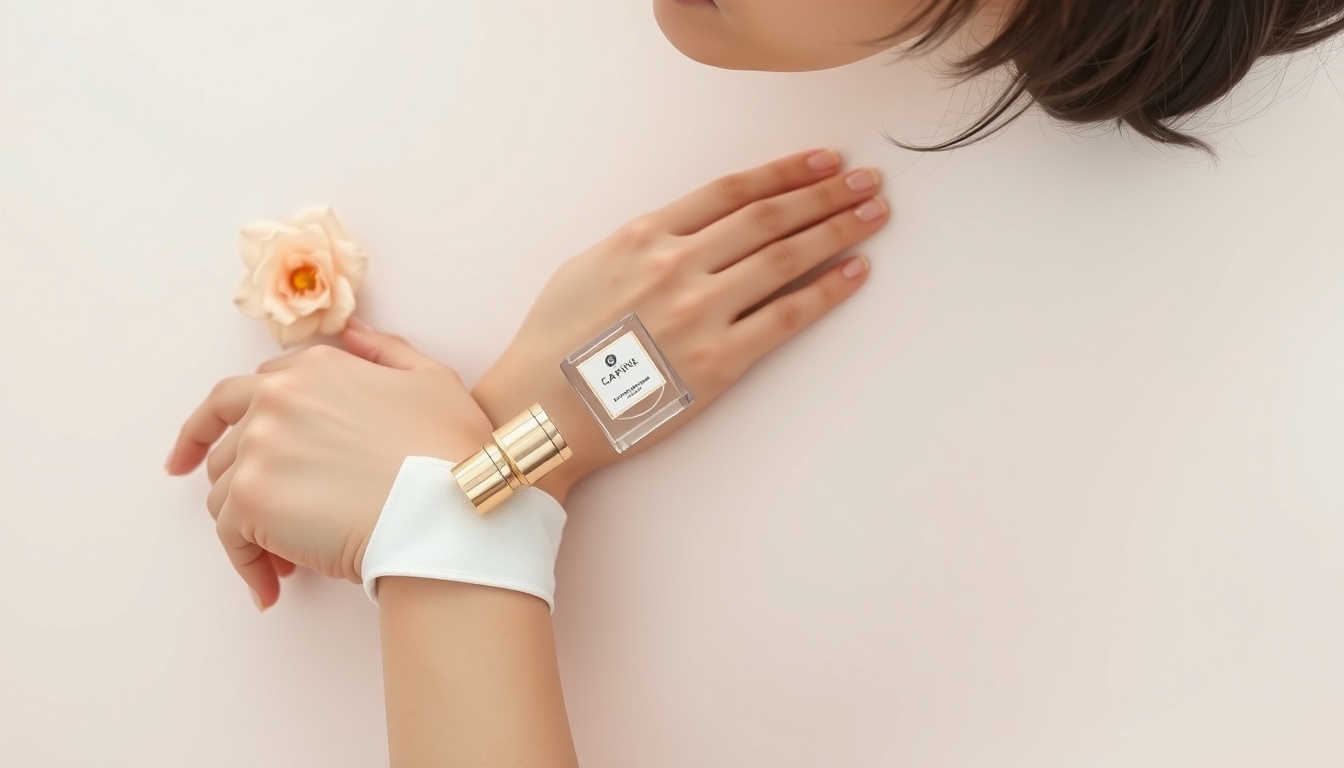 향수 추천 - upper body shot of a Korean woman with face visible, spraying perfume on wrist in a bright airy room, natural hands, lifestyle concept