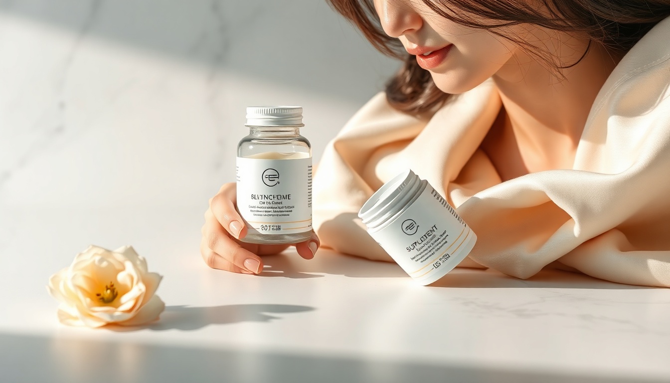심진캡슐 - Korean woman upper body shot with face visible, reading supplement label carefully in pharmacy, natural hands, warm lighting