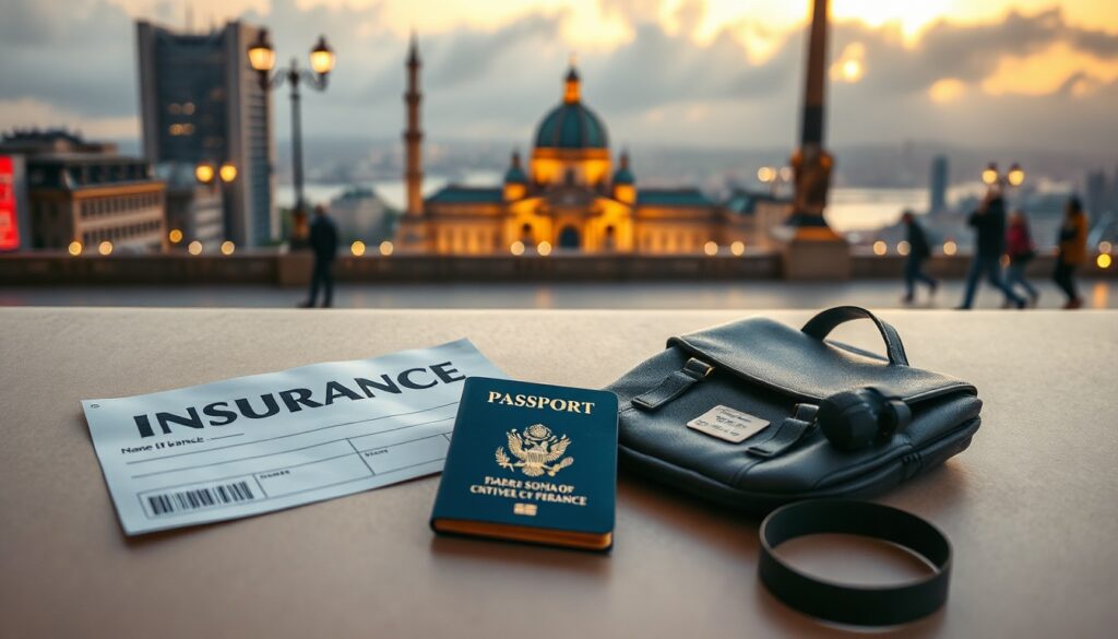 국내 여행자 보험 추천 - flat lay of travel insurance document, passport, and small backpack on light background, national travel insurance concept
