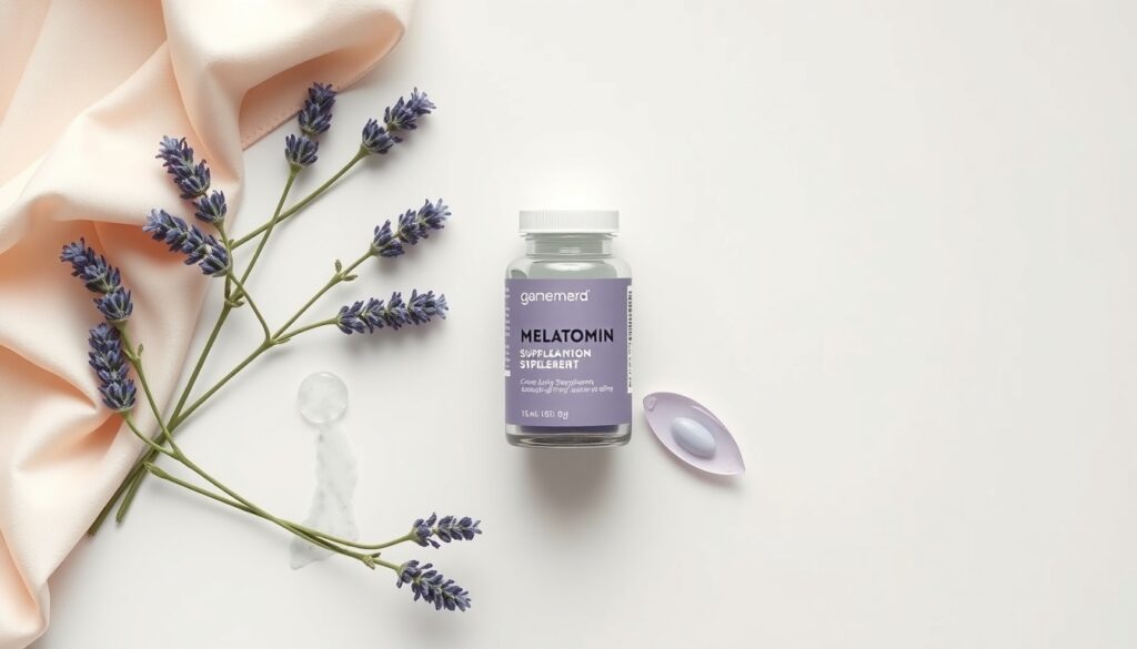 메라토닉 - flat lay of melatonin supplement bottle and lavender flowers on white background, sleep health concept