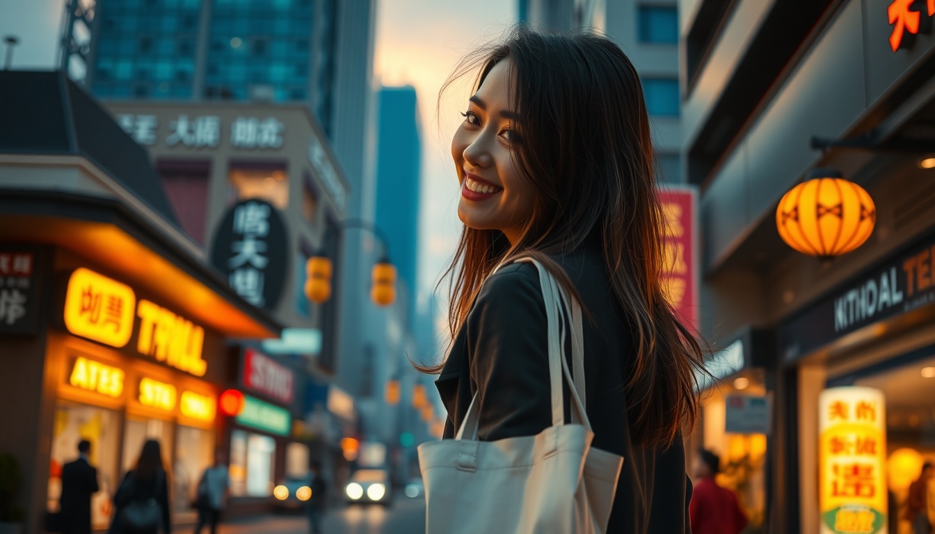 일본 여행 주의사항 현지에서 당황한 경험 - upper body shot of Korean woman with face visible, smiling and holding shopping bags in Japan Shibuya street, natural hands, travel shopping concept