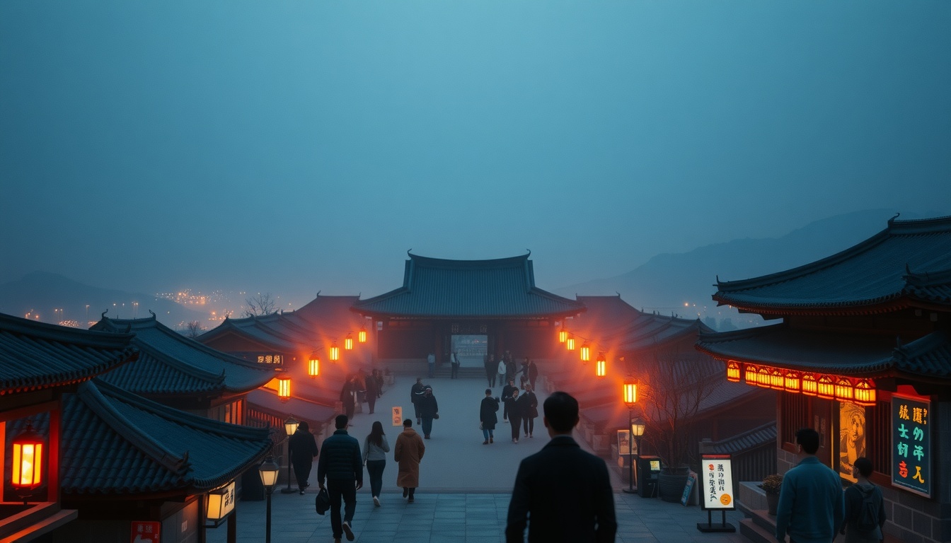 사돈의 나라 - aerial view of Gyeongju historical site with traditional Korean architecture and green landscape, travel destination concept
