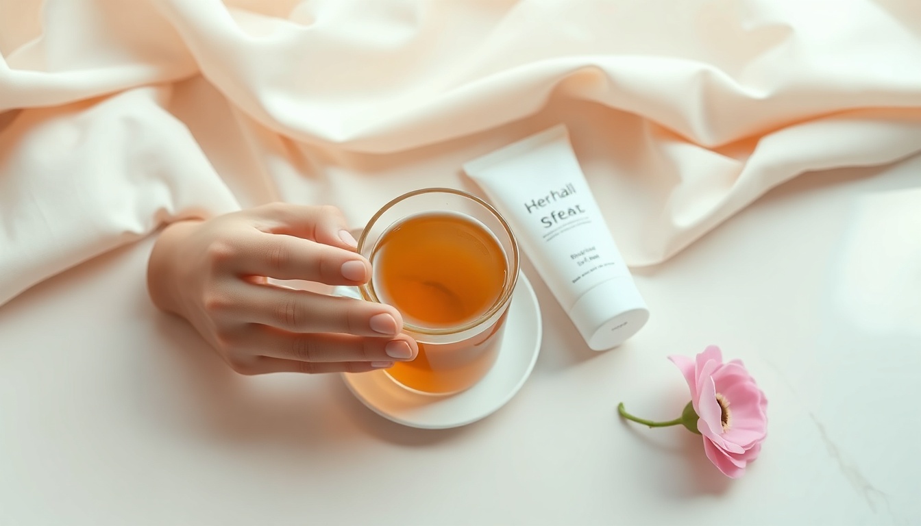 송중기멜라토닌 - Korean woman upper body shot with face visible, holding warm herbal tea cup in cozy bedroom setting, natural hands, melatonin sleep routine concept