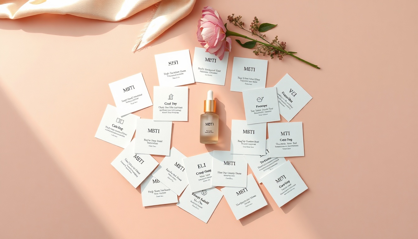 MBTI검사 - flat lay of 16 MBTI personality type cards arranged on pastel background, colorful and aesthetic personality test concept