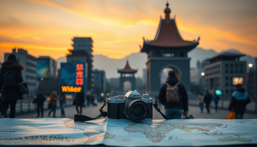 국내 여행지 추천 여행 - flat lay of travel map and camera on pastel background, Korea domestic travel destination recommendation 2026