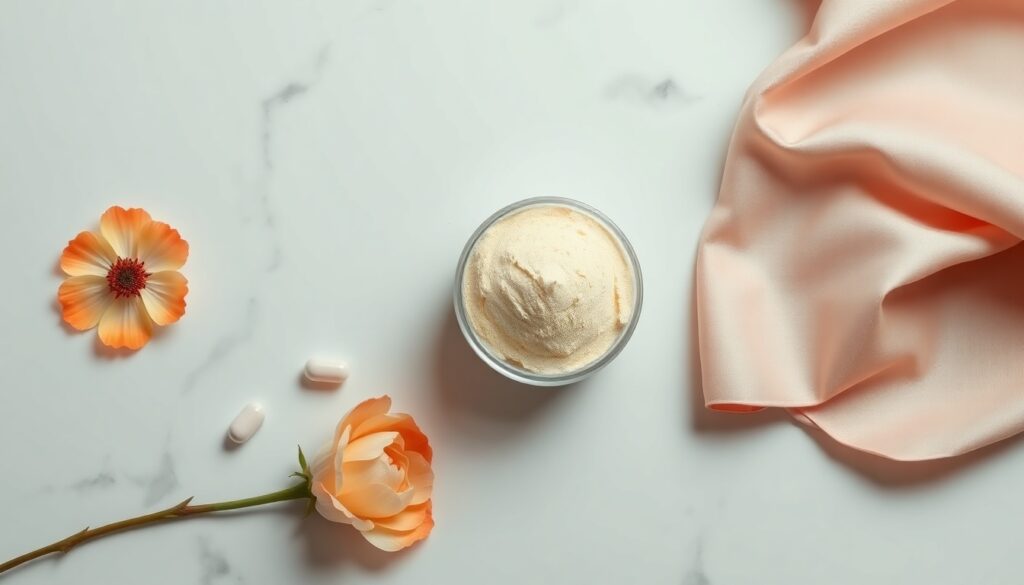 힐린세라토판 - flat lay of health supplement capsules and collagen powder on white marble desk, skincare and joint health concept